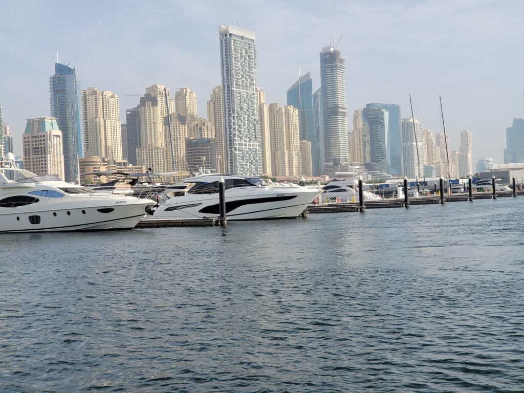 View of the yacht in dubai harbor and marina 